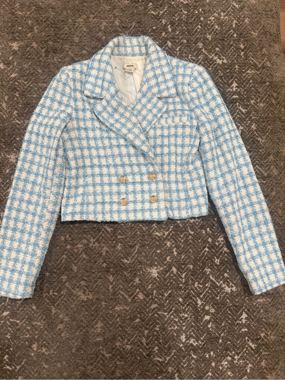 Jason Wu Blue White Tweed Cropped Blazer Gold Buttons Size 2
